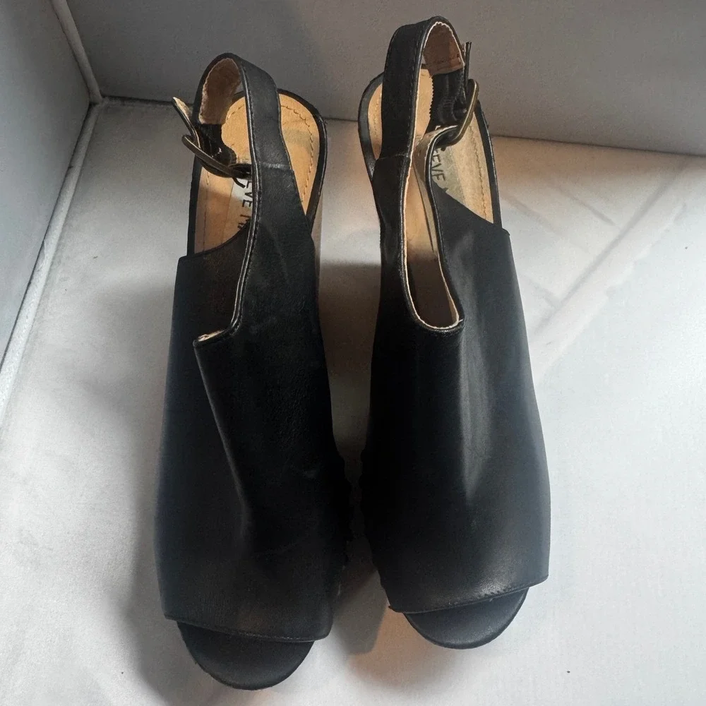 Steve Madden Tryffle Black Leather Studded Wood Wedge Slingback Sandals 6.5M Y2K